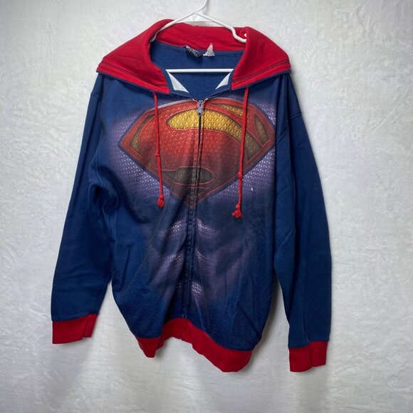 Superman Man Of Steel Hooded Jacket Medium DC Comics Blue & Red Cotton Polyester - Picture 1 of 9